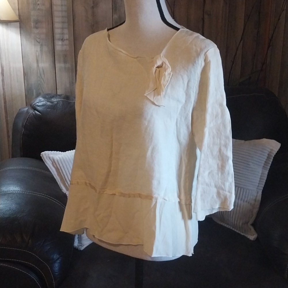 Christine Damen Size Small Linen Sheer Rayon Hem Shirt Yellow - Picture 4 of 8